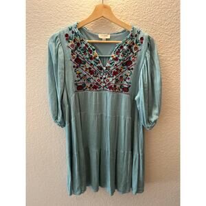 Umgee Embroidered Boho Babydoll Dress Blue Floral Size S Cottagecore Romantic